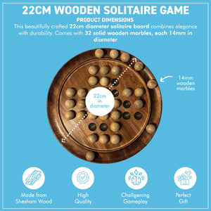Handmade 𝗪𝗢𝗢𝗗𝗘𝗡 𝗦𝗢𝗟𝗜𝗧𝗔𝗜𝗥𝗘 𝗚𝗔𝗠𝗘 Board with Solid Wooden Marbles 22cm – Classic Strategy Board Game, Family Game, Unique Home Decor