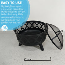 Load image into Gallery viewer, 𝗟𝗔𝗥𝗚𝗘 𝗦𝗧𝗘𝗘𝗟 𝗢𝗨𝗧𝗗𝗢𝗢𝗥 𝗙𝗜𝗥𝗘 𝗣𝗜𝗧 𝗕𝗢𝗪𝗟 | Modern Black Steel Lattice Design with Mesh Cover | Safety Poker &amp; Log Grate included | 𝗪𝗢𝗢𝗗 𝗢𝗥 𝗖𝗛𝗔𝗥𝗖𝗢𝗔𝗟 𝗕𝗨𝗥𝗡𝗘𝗥 for Patio &amp; Garden
