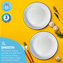Load image into Gallery viewer, 2 x 22CM WHITE ENAMEL DINNER PLATES | Plate set | Pasta and Rice plate | Enamel plate | Set of 2 plates | Traditional dinner plate | Kitchen plate for pies, sides and dinner
