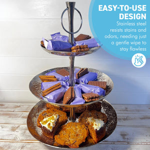 3 Tier Hammered Stainless Steel Cake Stand in Distressed Silver, Perfect for Showcasing Your Culinary Creations
