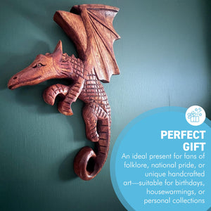 Flying Dragon Plaque in Hand Carved Wood, Wooden Mythical Flying Dragon Ornament