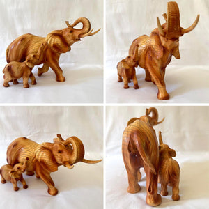 Wood Effect Elephant and Calf Decorative Ornament - Wildlife Home Accessory Gift for Living Room