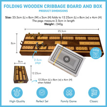 Load image into Gallery viewer, Folding Wooden Cribbage Board and Travel Set with Cards and Metal Scoring Pins – Compact, Portable Cribbage Game Box
