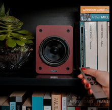 Load image into Gallery viewer, New Majority 𝗗𝟱𝟬𝗫 𝗕𝗟𝗨𝗘𝗧𝗢𝗢𝗧𝗛 𝗕𝗢𝗢𝗞𝗦𝗛𝗘𝗟𝗙 𝗦𝗣𝗘𝗔𝗞𝗘𝗥𝗦 – 60W Hi-Fi 2.0, Wireless, HDMI ARC, Optical, AUX &amp; USB, Remote, Maroon
