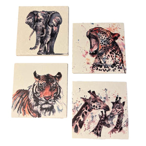 WILDLIFE SET OF 4 COASTERS | Leopard | Giraffe | Tiger | Elephant | Stone Coasters | Animal novelty gift | Coaster for glass, mugs and cups| Square coaster for drinks | Meg Hawkins art | 10cm x 10cm