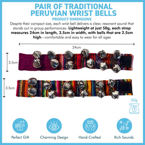 2 x Peruvian style Wrist Bells with colourful strap, Handcrafted Percussion Instruments