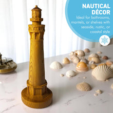 Load image into Gallery viewer, Wood Effect Lighthouse Ornament – 23cm Tall Lighthouse for Coastal Decor
