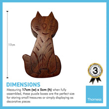 Load image into Gallery viewer, 4-piece Pussy Cat Wooden Puzzle Box | Wooden Cat Puzzle Box | Handmade wooden puzzle box | Handmade Wooden trinket secrets Box | Sustainable Shesham wooden hand carved box | 17cm (w) x 5cm (h)

