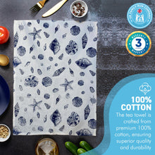 Load image into Gallery viewer, Blue Beach Shells Tea Towel | 100% Cotton tea towel | Kitchen hand towel | Nautical gift | Beach themed gift | Perfect gift for beach lovers | 70 cm x 50 cm
