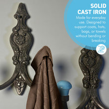 Load image into Gallery viewer, Set of 2 𝗙𝗥𝗘𝗡𝗖𝗛 𝗦𝗧𝗬𝗟𝗘 𝗖𝗔𝗦𝗧 𝗜𝗥𝗢𝗡 𝗗𝗢𝗨𝗕𝗟𝗘 𝗛𝗢𝗢𝗞𝗦 – Duck Egg Blue Ceramic Tops, Wall Coat Hooks for Hallway, Cloakroom, Bedroom
