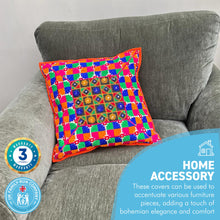 Load image into Gallery viewer, Boho cushion cover | 45cm x 45cm | Bright patchwork cushion | Indian cushion | Bedroom decor | Home accessories | Colourful cushion cover
