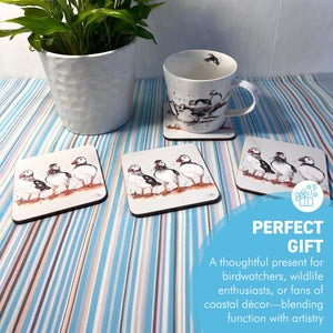 Set of 4 x Cork Coasters with Watercolour Design of Puffins, Wildlife Coaster