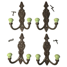Load image into Gallery viewer, Set of 4 𝗙𝗥𝗘𝗡𝗖𝗛 𝗦𝗧𝗬𝗟𝗘 𝗖𝗔𝗦𝗧 𝗜𝗥𝗢𝗡 𝗗𝗢𝗨𝗕𝗟𝗘 𝗛𝗢𝗢𝗞𝗦 – Lime Green Ceramic Tops, Wall Coat Hooks for Hallway, Cloakroom, Bedroom
