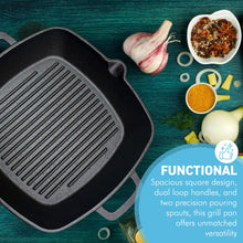 Load image into Gallery viewer, Premium 𝗖𝗔𝗦𝗧 𝗜𝗥𝗢𝗡 𝗚𝗥𝗜𝗟𝗟 𝗣𝗔𝗡 𝟮𝟰𝗖𝗠 – Heavy Duty Square Griddle with Dual Handles for Induction, Oven &amp; BBQ
