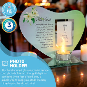 HIS SMILE GLASS MEMORIAL CANDLE HOLDER AND PHOTO FRAME | thinking of you gifts | Dad memorial gift | memory gifts for Pops, Father, Dad, Granddad, Grandfather