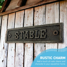 Load image into Gallery viewer, Cast iron antique style stable door plaque | horse stable | door decor |metal plaque | door sign | 15.5cm x 4cm
