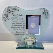 Load image into Gallery viewer, Her Smile: Inspirational Poem &amp; Candle Holder Glass Memorial Plaque - Timeless Tribute and Photo Frame
