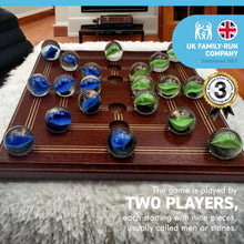 Load image into Gallery viewer, Nine Mans Morris marble game with wooden board | Quirky strategy solitaire marble game | includes 20 glass marbles and wooden board | 14cm x 14cm | Mill Game | Traditional wooden game
