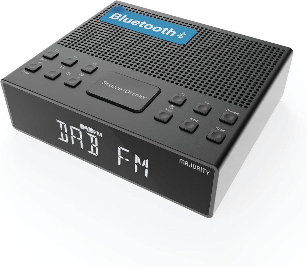 MAJORITY Knapwell | Bluetooth DAB, DAB+ Clock Radio | Bedside Radio with Dual Alarm, Snooze Function, Large Dimmable Display| High Fidelity Speakers, USB Charging | FM, Headphone Jack
