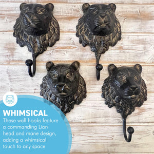 Set of Four Sturdy Wall-Mounted Cast Iron Lion Head Hook Hanger for Hats, Coats, Clothes - Perfect for Kitchen, Bathroom, Bedroom, Office