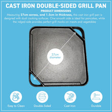 Load image into Gallery viewer, 𝗥𝗘𝗩𝗘𝗥𝗦𝗜𝗕𝗟𝗘 𝟮𝟳𝗖𝗠 𝗖𝗔𝗦𝗧 𝗜𝗥𝗢𝗡 𝗚𝗥𝗜𝗟𝗟 &amp; 𝗚𝗥𝗜𝗗𝗗𝗟𝗘 𝗣𝗔𝗡 Double-Sided Non-Stick Oven Stovetop BBQ Pan
