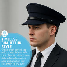 Load image into Gallery viewer, Size 58cm |Medium  Black Chauffeur Style Peaked Cap | Traditional style ideal for weddings, school proms and special events| Driving Cap | UK size 7 1/8 | US size 7 1/4
