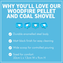 Load image into Gallery viewer, 𝗘𝗡𝗔𝗠𝗘𝗟𝗟𝗘𝗗 𝗦𝗧𝗘𝗘𝗟 𝗪𝗢𝗢𝗗𝗙𝗜𝗥𝗘 𝗣𝗘𝗟𝗟𝗘𝗧 &amp; 𝗖𝗢𝗔𝗟 𝗦𝗛𝗢𝗩𝗘𝗟 | Matt Black Metal Scoop | 33cm (L) | Dust-Free | Easy Scooping | Durable | BBQ cooking
