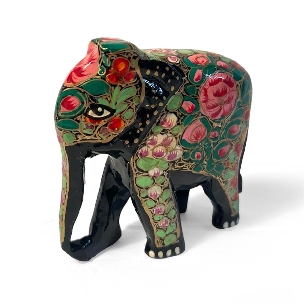 BLACK, GREEN AND PINK PAPER MACHE ELEPHANT ORNAMENT | Animal Decoration | Wildlife Sculpture | Paper Mache Animal | Multi Coloured| Home Decor | Elephants represent Good Luck