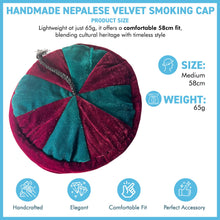 Load image into Gallery viewer, Size 58cm, medium, Handmade Nepalese maroon and deep green velvet Smoking Cap with traditional Tibetan design, lightweight, stylish design
