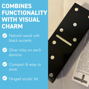 𝗛𝗔𝗡𝗗𝗖𝗥𝗔𝗙𝗧𝗘𝗗 𝗪𝗢𝗢𝗗𝗘𝗡 𝗗𝗢𝗠𝗜𝗡𝗢 𝗦𝗘𝗧 with Silver Inlay and Acrylic Hinged Lid – Black & Natural Wood, Elegant Game Night Gift