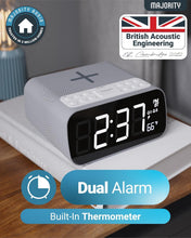 Load image into Gallery viewer, REFURBISHED MAJORITY Bluetooth Bedside FM Radio Alarm Clock | Wireless Charging for Phones| 12W Stereo Sound with Dual Alarm, Built-in Thermometer, and 30 Presets | Large Dimmable Display Darwin digital clock
