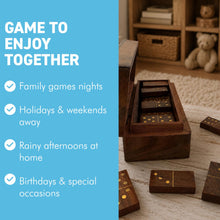 Load image into Gallery viewer, Solid Wood Dominoes Set with Brass Inlay Storage Box - 28 Tiles with Brass Spots and a Hinged Lid
