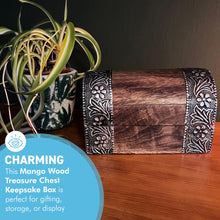 Load image into Gallery viewer, Mango Wood Treasure Box with floral embossed design, ideal for jewellery &amp; trinkets
