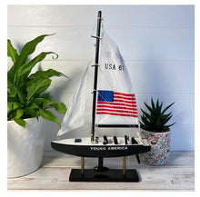 Load image into Gallery viewer, YOUNG AMERICA AMERICAS CUP MODEL YACHT | Sailing | Yacht | Boats | Models | Sailing Nautical Gift | Sailing Ornaments | Yacht on Stand | 33cm (H) x 21cm (L) x 4cm (W)
