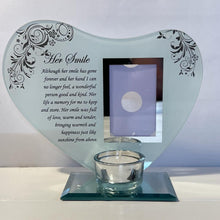 Load image into Gallery viewer, Her Smile: Inspirational Poem &amp; Candle Holder Glass Memorial Plaque - Timeless Tribute and Photo Frame
