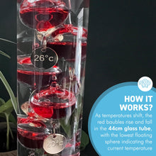 Load image into Gallery viewer, 44cm Tall Free Standing Galileo Thermometer with Ten Floating Red Globes | Measures temperatures from 16 Degrees Centigrade to 35 Degrees | Also in Fahrenheit | Weather Station | Water Thermometer
