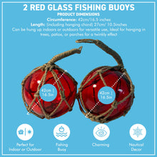 Load image into Gallery viewer, TWO DEEP RED GLASS FISHING FLOAT ORNAMENTAL SEA BUOY | hand blown | nautical seafaring fishing rustic décor | 10cm diameter | with rustic brown string netting and hanging loop | Japanese style glass fishing floats
