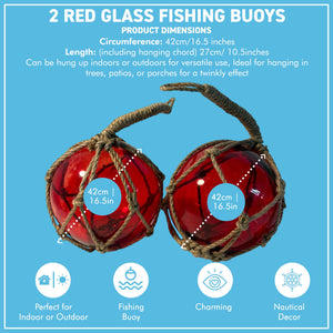 TWO DEEP RED GLASS FISHING FLOAT ORNAMENTAL SEA BUOY | hand blown | nautical seafaring fishing rustic décor | 10cm diameter | with rustic brown string netting and hanging loop | Japanese style glass fishing floats