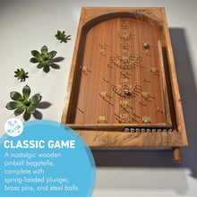 Load image into Gallery viewer, Classic vintage style TABLETOP PINBALL BAGATELLE GAME 40cm x 25cm, Spring plunger with brass pins and steel balls, Shesham Rose wood board, vintage traditional pub game
