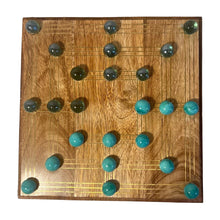 Load image into Gallery viewer, Nine Mans Morris marble game with wooden board | Quirky strategy solitaire marble game | includes 20 glass marbles and wooden board | 14cm x 14cm | Mill Game | Traditional wooden game
