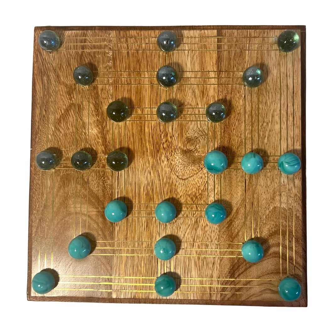 Nine Mans Morris marble game with wooden board | Quirky strategy solitaire marble game | includes 20 glass marbles and wooden board | 14cm x 14cm | Mill Game | Traditional wooden game