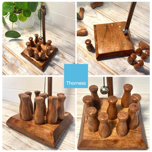 HANDCRAFTED SOLID WOOD BAR SKITTLES GAME | wooden bowling set | Pub skittles set | table top skittles | Devil amongst the tailors | Indoor skittles | vintage traditional pub game | tabletop skittles
