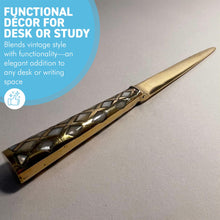 Load image into Gallery viewer, Mother of Pearl inlaid Letter Opener with polished brass finish, Decorative Envelope Opener for school, home, or office use

