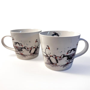 Pair of Puffin Group Mugs, 100% Bone China, Gift for Nature Lovers, Coastal Home Decor