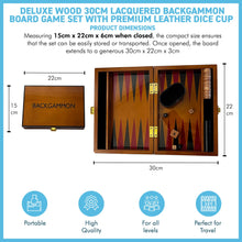 Load image into Gallery viewer, Deluxe 30cm Lacquered Wood Backgammon Set with Premium Leather Dice Cup with Varnished Wooden Game Chips
