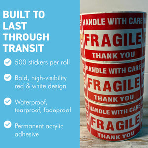 Three Rolls Premium Fragile Warning Stickers – Self-Adhesive “Fragile Handle with Care” Shipping Labels, 1000 Stickers per Roll, Bright Red & White, Waterproof & Tear-Resistant, for Boxes, Parcels & Packages