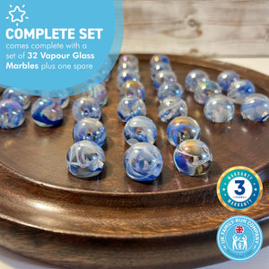 30cm Diameter WOODEN SOLITAIRE BOARD GAME with VAPOUR GLASS MARBLES | classic wooden solitaire game | strategy board game | family board game | games for one | board games