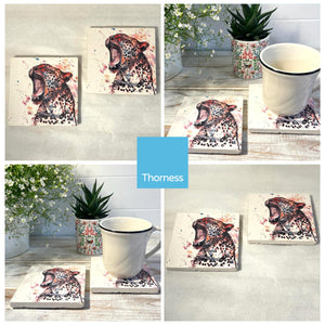 2 x LEOPARD STONE COASTERS | Stone Coasters | Animal novelty gift | Coaster for glass, mugs and cups| Square coaster for drinks | Leopard gift | Meg Hawkins art | 10cm x 10cm