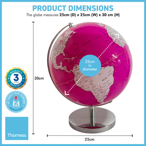 PINK WORLD GLOBE | Globes of the world | World globe for adults | Earth globe | Desk ornament | Explorers gift | World globe | 25cm (D) x 25cm (W) x 30 cm (H)