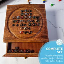Load image into Gallery viewer, Wooden Solitaire with Drawer Traditonal Orange Storing Marbles | Travel Games | Strategic &amp; Traditional Games | Perfect for Adults &amp; Family Fun
